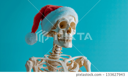 A skeleton wearing a santa hat on a blue background 133627943