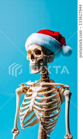 A skeleton wearing a santa hat on a blue background 133627944