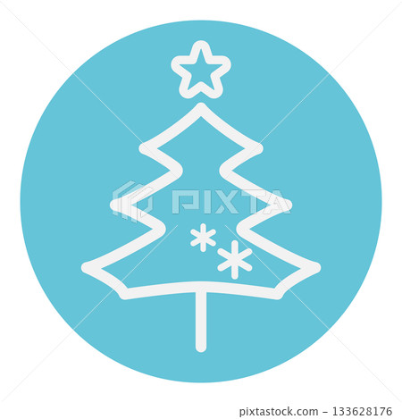 A simple light blue line drawing of a Christmas tree. A round icon, a symbol of winter, and a stylish snowflake decoration. 133628176