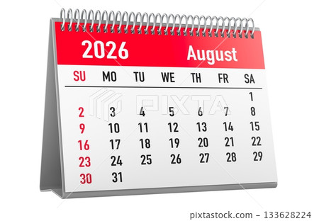 August 2026 desk calendar page with red header. Sunday-first layout and red weekend dates, 3D rendering 133628224