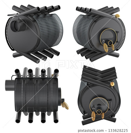 Black convection stove buleryan heater, four angle views. 3D rendering Black convection stove buleryan heater, four angle views. 3D rendering 133628225