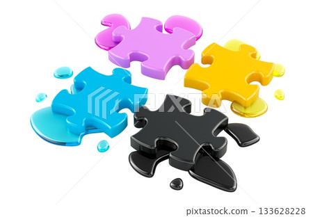 CMYK color ink puzzle pieces, printing concept. 3D rendering 133628228