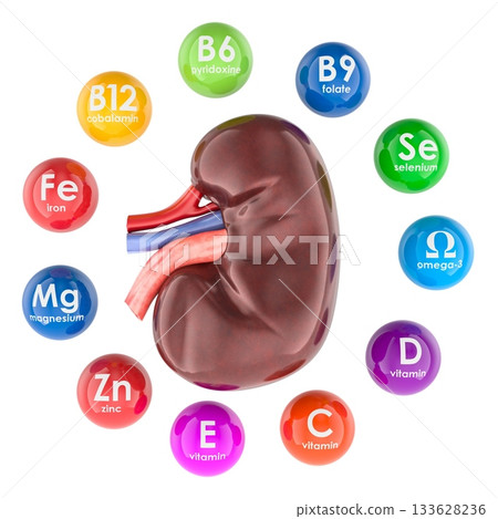 Human kidney with vitamins and minerals essential for renal health. 3D rendering Human kidney with vitamins and minerals essential for renal health. 3D rendering 133628236