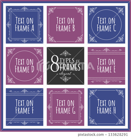 Simple line square decorative frame set with space for text. Purple and navy blue. Stylish and mature illustrations. 133628291