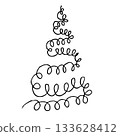 Minimalist christmas tree design for holiday decoration and cards. Black and white graphics. For postcard, banner, textile, packaging. New Year illustartion. Christmas tree icon. 133628412
