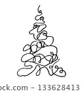 Minimalist abstract christmas tree design for festive decor and celebrations. Black and white graphics. For postcard, banner, textile, packaging. New Year illustartion. Chaotic Christmas tree 133628413