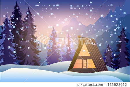 A picturesque winter scene showcases a cozy cabin nestled among tall evergreen trees 133628622