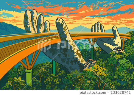 Golden Bridge in Vietnam. Vector vibrant landscape 133628741