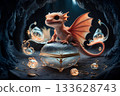 adorable cutest peach dragon kid guarding treasure box in cave. Digital artwork.  AI generated 133628743
