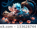 adorable cutest blue dragon kid guarding treasure box. Digital artwork.  AI generated 133628744