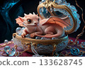 adorable cutest peach dragon kid guarding treasure box. Digital artwork.  AI generated 133628745