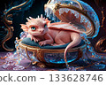 adorable cutest peach dragon kid guarding treasure box. Digital artwork.  AI generated 133628746