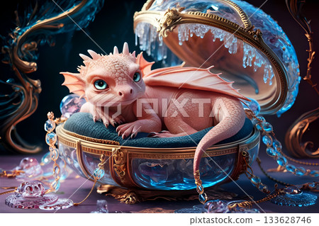 adorable cutest peach dragon kid guarding treasure box. Digital artwork.  AI generated 133628746