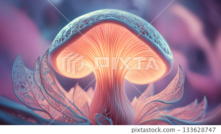 glowing mushroom with ethereal luminescent , with intricate details and a touch of surrealism. digital art work. Ai generated 133628747
