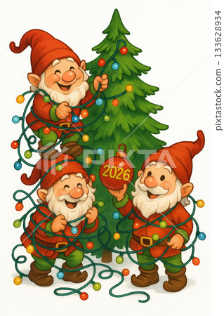 Three gnomes decorate a Christmas tree with colorful lights and a 2026 ornament 133628934