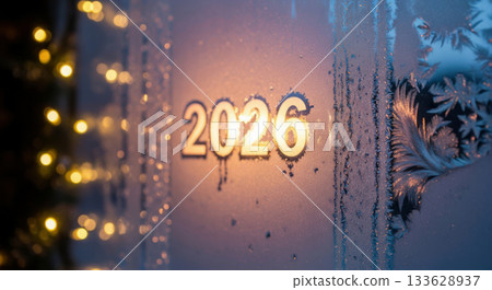 The year 2026 glows brightly through a frosty window adorned with delicate ice patterns and warm bokeh lights The year 2026 glows brightly through a frosty window adorned with delicate ice patterns and warm bokeh lights 133628937