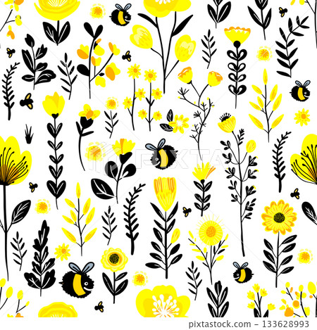 Seamless pattern white background yellow flowers and bees. hand drawn. Not AI, Vector illustration 133628993