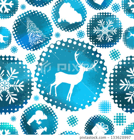 Seamless Christmas background with snowflakes and deer, branches and deer. Not AI. Vector illustration Seamless Christmas background with snowflakes and deer, branches and deer. Not AI. Vector illustration 133628997