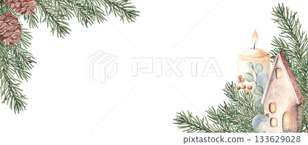 Christmas Advent banner with Winter plants, fir, pine branches and cones, candle and ceramic house, lantern. Watercolor horizontal frame, border. Hand drawn illustration. Perfect as a web banner, card 133629028