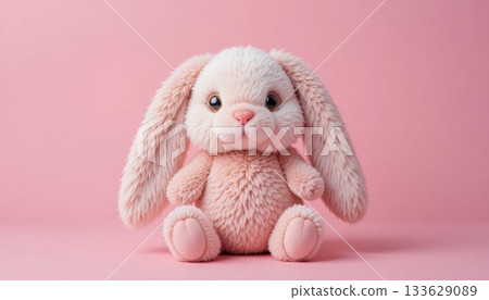 Charming Pink Bunny Plush Sitting Against a Soft Pink Background With Adorable Features and Fluffy Texture Charming Pink Bunny Plush Sitting Against a Soft Pink Background With Adorable Features and Fluffy Texture 133629089