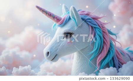 Colorful Unicorn Figurine Surrounded by Fluffy Clouds in a Whimsical Setting Colorful Unicorn Figurine Surrounded by Fluffy Clouds in a Whimsical Setting 133629090