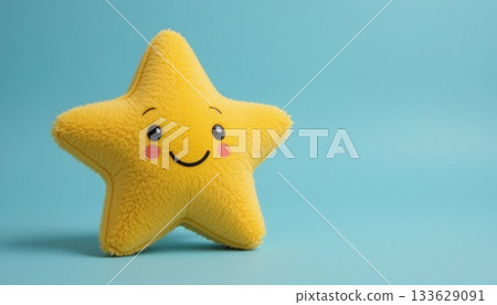 Plush Yellow Star Toy With a Smiling Face Against a Soft Blue Background 133629091