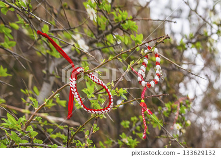 Traditional red and white Martenitsa bracelets tied on tree branches symbolize spring celebration and good fortune. Concept of tradition, renewal and cultural heritage 133629132