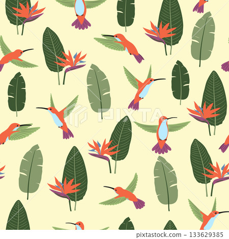 Seamless hummingbirds and Strelitzia flowers pattern. Vector summer tropic background Seamless hummingbirds and Strelitzia flowers pattern. Vector summer tropic background 133629385