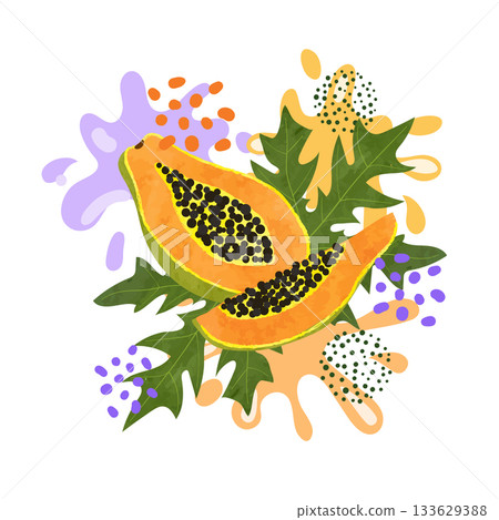 Papaya fruit vector illustration. Abstract watercolor juicy fruit splash 133629388