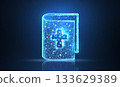 Bible with cross. Polygonal wireframe mesh on blue with dots, stars. 133629389