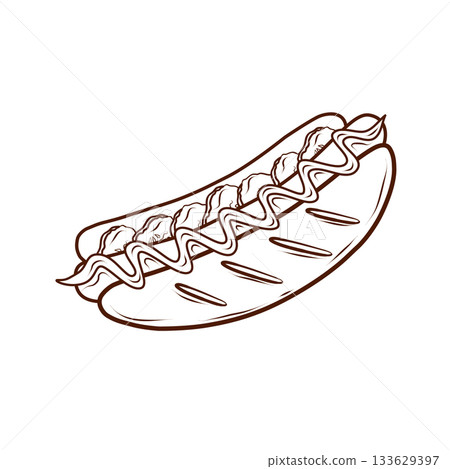 A hot dog with a sausage, bread bun, sauce, and toppings. Vector illustration in a line art style. Clean brown lines, isolated on a white background. Suitable for menus, packaging, fast food 133629397