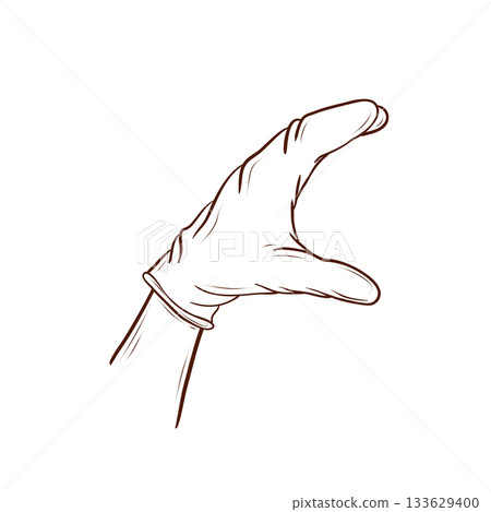 A hand in a latex glove, positioned as if holding a burger. Vector illustration in a line art style, brown lines, isolated on a white background. Suitable for menus, packaging, fast food, hygiene 133629400