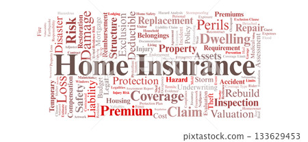 Home Insurance Word Cloud. Core Terms on Property Protection, Coverage, and Risk Concepts Home Insurance Word Cloud. Core Terms on Property Protection, Coverage, and Risk Concepts 133629453