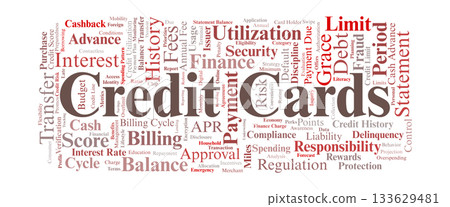 Credit Cards Word Cloud. Core Concepts on Usage, Costs, Responsibility, and Financial Impact 133629481