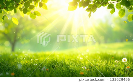明亮的自然背景，春日的陽光傾瀉在草地上。 133629496