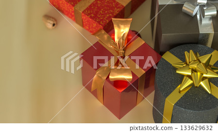 Christmas Gift Box with Golden Ribbon on Festive Table 3d render. 133629632