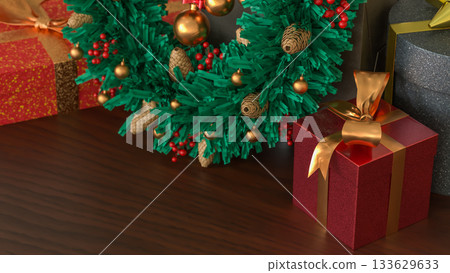 Christmas Wreath and Gift Boxes with Holiday Lights 3d render. 133629633