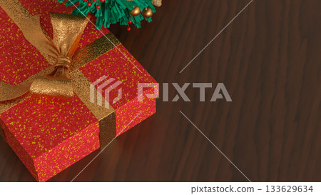 Christmas Wreath and Gift Boxes with Holiday Lights 3d render. Christmas Wreath and Gift Boxes with Holiday Lights 3d render. 133629634