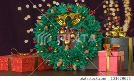 Christmas Wreath and Gift Boxes with Holiday Lights 3d render. Christmas Wreath and Gift Boxes with Holiday Lights 3d render. 133629635