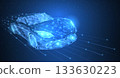 Vector high speed motion car night city drive. Abstract wire low poy car illustration on dark blue cityscape background with stars, headlight on. 133630223