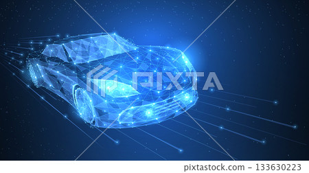 Vector high speed motion car night city drive. Abstract wire low poy car illustration on dark blue cityscape background with stars, headlight on. Vector high speed motion car night city drive. Abstract wire low poy car illustration on dark blue cityscape background with stars, headlight on. 133630223