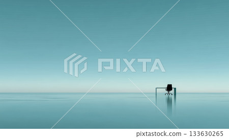 一套極簡主義的辦公桌椅漂浮在水面上，提供自由的工作方式和無限的可能性。 133630265