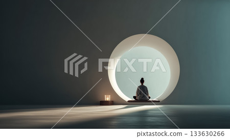 禪意空間，一人在圓形窗前冥想，象徵平和與健康。 133630266