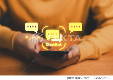 Modern AI chatbot communication on smartphone, illustrating virtual assistant technology, online customer service, digital marketing, social media, and business support innovation concept. Modern AI chatbot communication on smartphone, illustrating virtual assistant technology, online customer service, digital marketing, social media, and business support innovation concept. 133630489