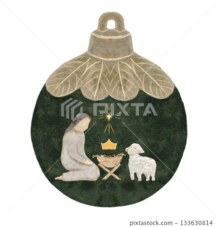 Virgin Mary kneeling by the manger inside a dark green Christmas ornament with a small golden star. Nativity illustration for Christmas cards, religious layouts, holiday printables, seasonal decor Virgin Mary kneeling by the manger inside a dark green Christmas ornament with a small golden star. Nativity illustration for Christmas cards, religious layouts, holiday printables, seasonal decor 133630814