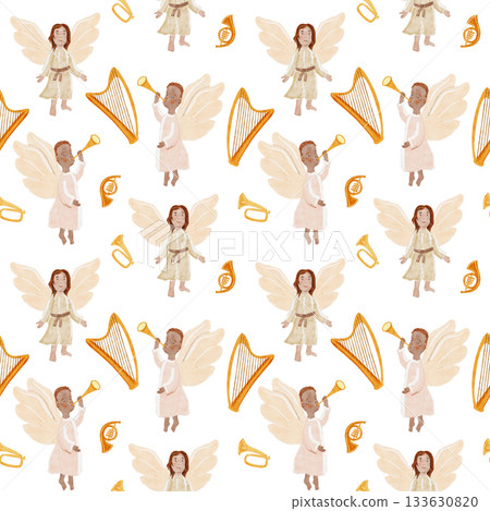 Angels with instruments a golden trumpet, harp, symbolizing diversity and holiday joy. Watercolor seamless pattern isolated on white background. Perfect for Christmas cards, decor, inclusive projects 133630820