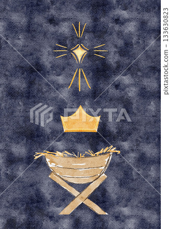 Manger with warm brown wood and golden straw, crown and christmas star. A hand-painted watercolor illustration on textured blue, ideal for Christmas, nativity scenes, books, crafts, seasonal decor Manger with warm brown wood and golden straw, crown and christmas star. A hand-painted watercolor illustration on textured blue, ideal for Christmas, nativity scenes, books, crafts, seasonal decor 133630823