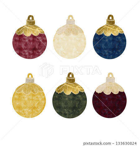 Christmas tree colorful textured ornaments with golden top watercolor set isolated on white. Perfect for wrapping paper, cards, Christmas, new year, invitations, stickers, textile, posters design Christmas tree colorful textured ornaments with golden top watercolor set isolated on white. Perfect for wrapping paper, cards, Christmas, new year, invitations, stickers, textile, posters design 133630824