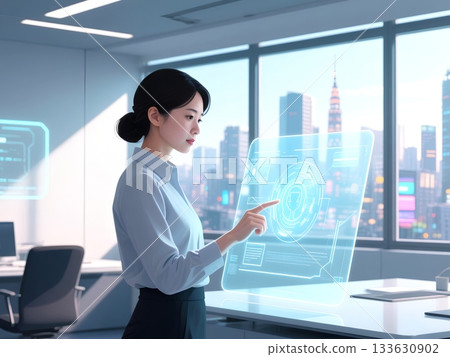 Asian businesswoman interacting with futuristic transparent display in modern office 133630902