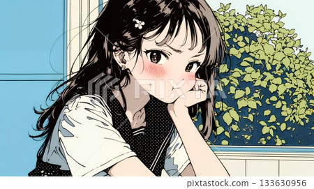 A high school girl in a uniform looking away with a "Hmph!" expression 133630956